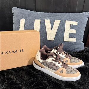 Coach Women’s Tan, Brown, Cream and White Sneakers Like New With Box. Size 7
